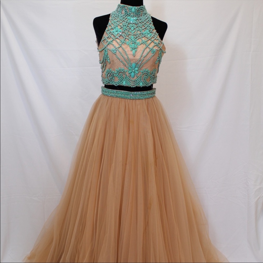 Sherri Hill gold and turquoise 2 piece prom dress, size 4